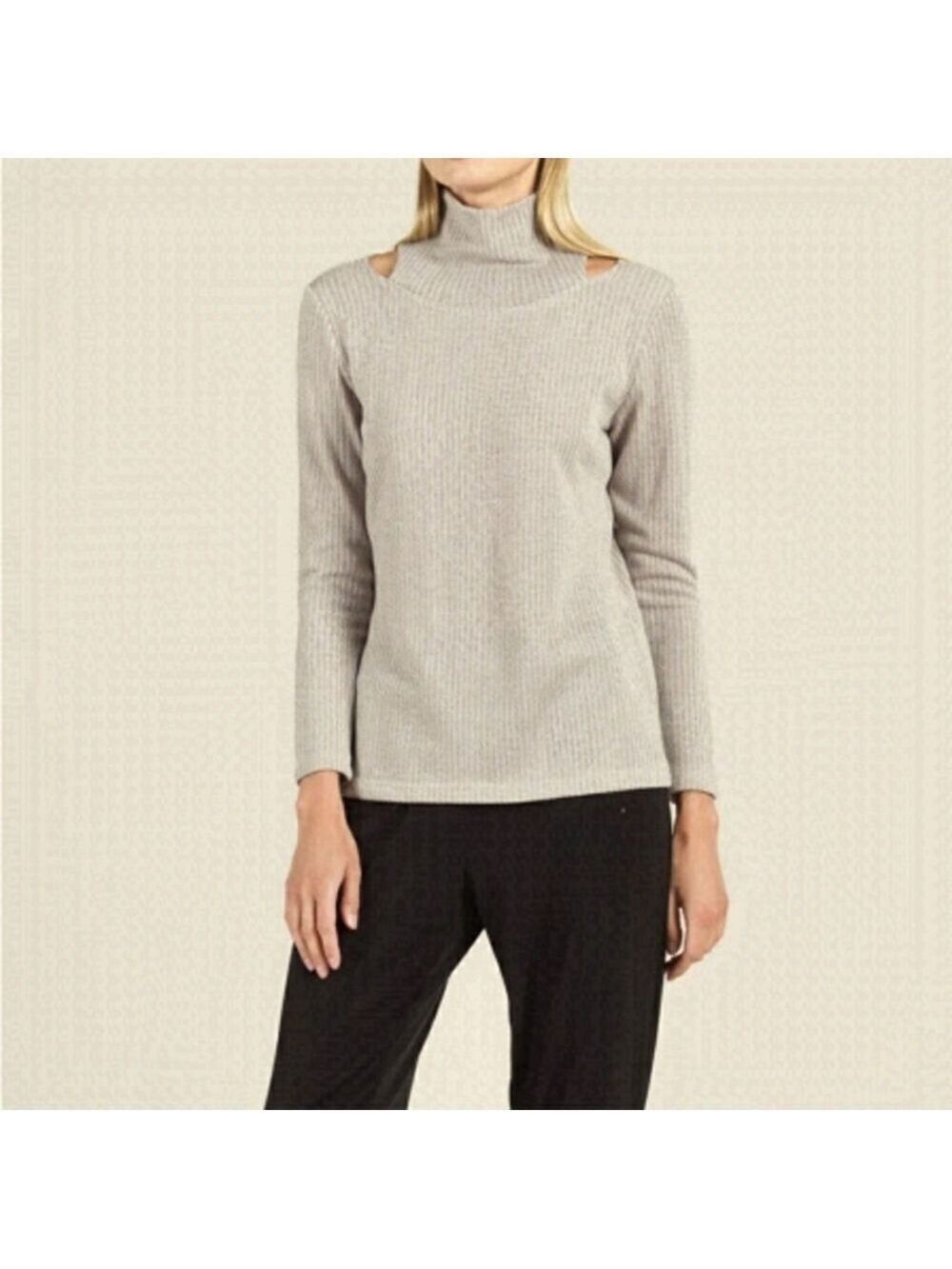 Clara Sun Woo Ribbed Knit Mock Neck Cold Shoulder Sweater, size S